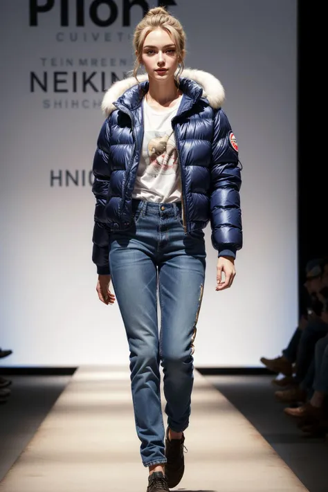 1girl wearing puffy jacket, t-shirt, jeans, makeup, beautiful, walking down a runway <lora:add_detail:0.5> <lora:boldline:0.2>