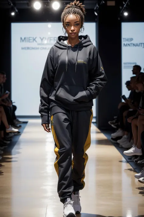 1girl wearing hoodie and sweatpants, makeup, beautiful, walking down a runway <lora:add_detail:0.5> <lora:boldline:0.2>