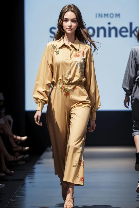 1girl wearing long sleeve romper and pants, walking down a runway <lora:add_detail:0.5> <lora:boldline:0.2>