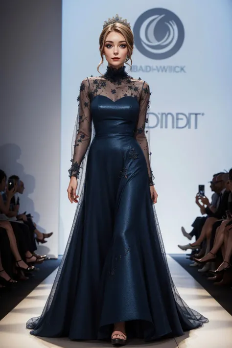 1girl wearing modest high-neck ballgown, makeup, beautiful, walking down a runway <lora:add_detail:0.5> <lora:boldline:0.2>