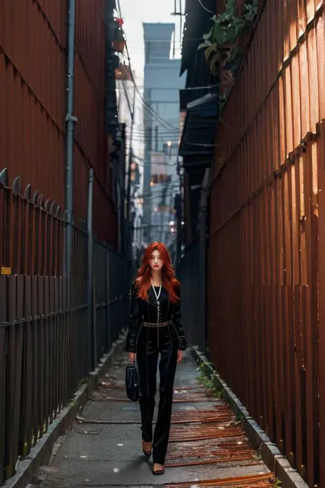 (otherworldly), highly insanely detailed, masterpiece, top quality, best quality, highres, 4k, 8k, RAW photo, (very aesthetic, beautiful and aesthetic), long sleeve romper and pants,
1girl, solo,
Tower13_Gizelle,
a beautiful elvish girl,
dark_skin, tan_skin, tanned skin, dark skin, dark-skinned, black-skinned, bronze skin,
(fiery red hair ,streaked hair),
(fence,alley,power_lines:1.5), (fantasy world)âââ