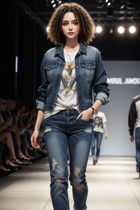 1girl wearing levi jacket, t-shirt, jeans, makeup, beautiful, walking down a runway <lora:add_detail:0.5> <lora:boldline:0.2>