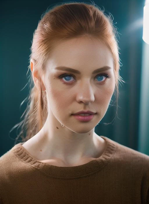 portrait of skswoman, envious , wearing sweater , with copper Half-up, half-down hairstyle epic (photo, studio lighting, hard light, sony a7, 50 mm, matte skin, pores, colors, hyperdetailed, hyperrealistic), <lyco:Deborah Ann WollV2:1.2>