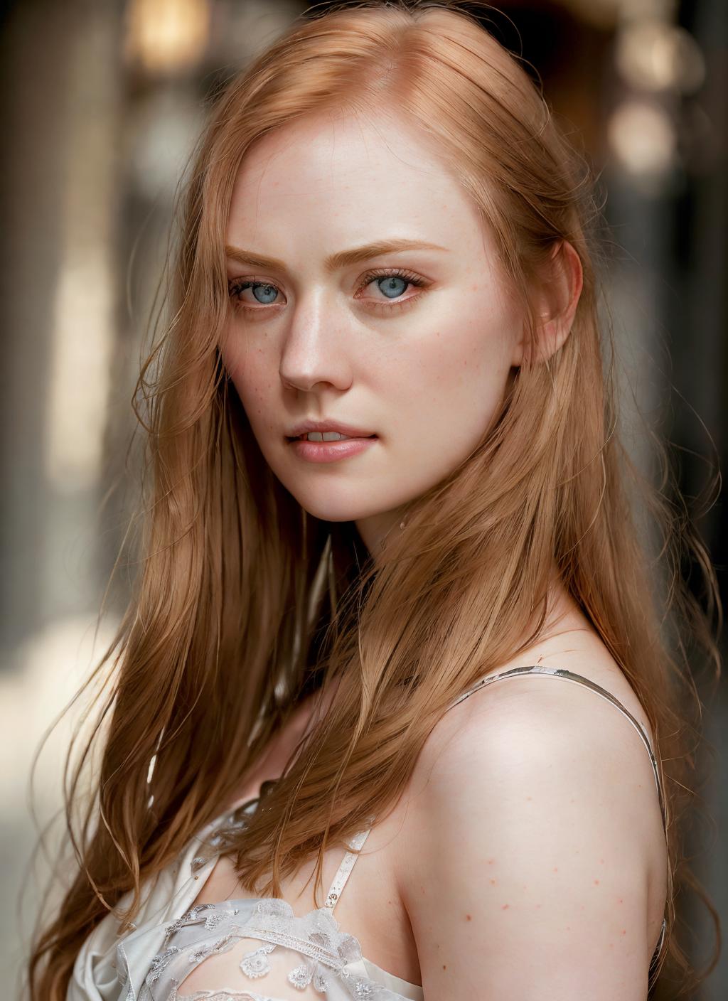 A close up of a woman with long red hair and a white dress - SeaArt AI