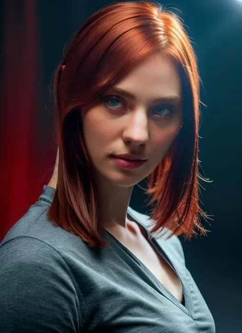 portrait of skswoman, envious , wearing casual wear , with dark red Layered haircut, epic (photo, studio lighting, hard light, sony a7, 50 mm, matte skin, pores, colors, hyperdetailed, hyperrealistic), <lyco:Deborah Ann WollV2-000003:1.2>