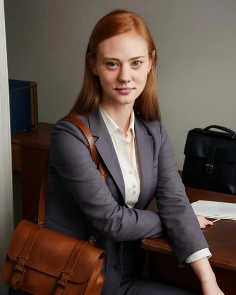 portrait modelshoot photo of a (smiling:0.4) skswoman, <lyco:Deborah Ann WollV2_sks:1.1>, wearing a navy blue blazer and cotton white blouse, brown leather messenger bag over shoulder, in small new york legal office, <lora:epiNoiseoffset_v2:0.3>