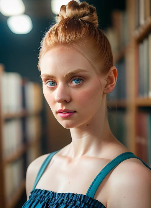 portrait of skswoman, nervous , wearing romper , with light blonde Top knot , background library epic (photo, studio lighting, hard light, sony a7, 50 mm, matte skin, pores, colors, hyperdetailed, hyperrealistic), <lyco:Deborah Ann WollV2:1.1>