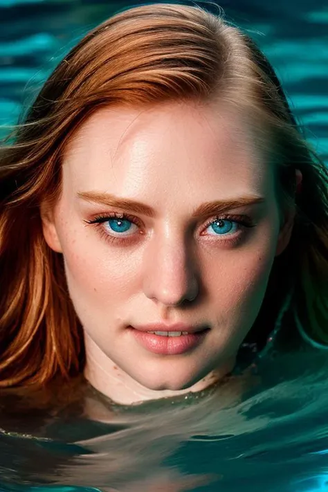 full color photo of skswoman lying in water, (face closeup:1.1),
 <lora:Deborah Ann WollV2:1>