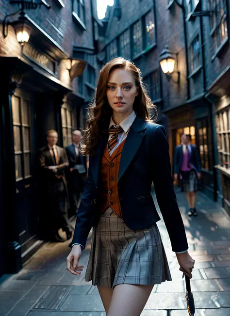 portrait of sexy skswoman, wearing magician suits, skirts, walking down a diagon alley, harry potter world, epic (photo, studio lighting, hard light, sony a7, 50 mm, matte skin, pores, colors, hyperdetailed, hyperrealistic), <lyco:Deborah Ann WollV2:1.1>