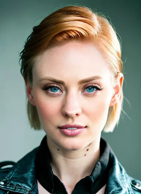 portrait of Deborah Ann Woll, confident , wearing t-shirt , with platinum blonde A-line haircut , background city epic (photo, studio lighting, hard light, sony a7, 50 mm, matte skin, pores, colors, hyperdetailed, hyperrealistic), <lyco:Deborah Ann WollV7:1>