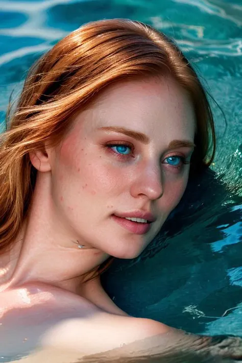 full color photo of skswoman lying in water, (face closeup:1.1),
 <lora:Deborah Ann WollV2:1>