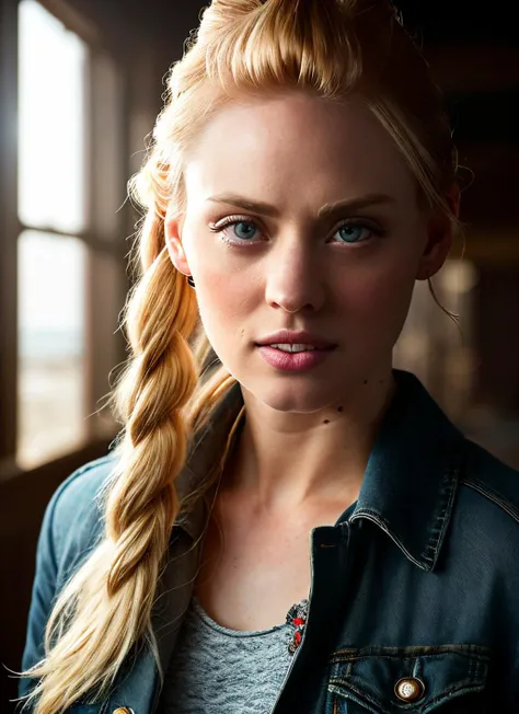 portrait of Deborah Ann Woll, grimace , wearing trousers , with platinum blonde Braids , background beach epic (photo, studio lighting, hard light, sony a7, 50 mm, matte skin, pores, colors, hyperdetailed, hyperrealistic), <lyco:Deborah Ann WollV7:1>