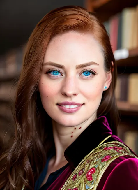 portrait of Deborah Ann Woll, amused , wearing velvet , with dark brown Straight hair , background haunted library epic (photo, studio lighting, hard light, sony a7, 50 mm, matte skin, pores, colors, hyperdetailed, hyperrealistic), <lyco:Deborah Ann WollV7:1>