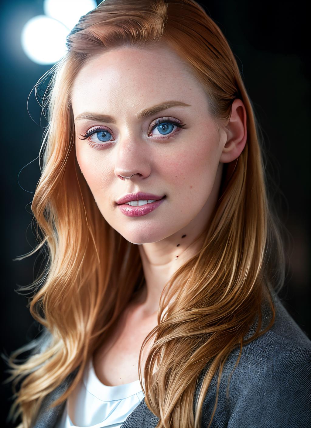 A close up of a woman with long red hair and blue eyes - SeaArt AI