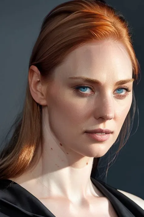 full color photo of skswoman, (slick hair:1.0), grey background, tilted angle shot,
 <lora:Deborah Ann WollV2:1>