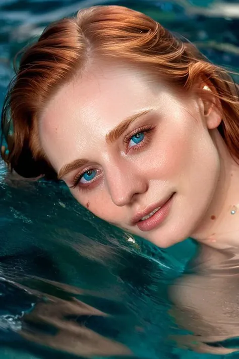 full color photo of skswoman lying in water, (face closeup:1.1),
 <lora:Deborah Ann WollV2:1>