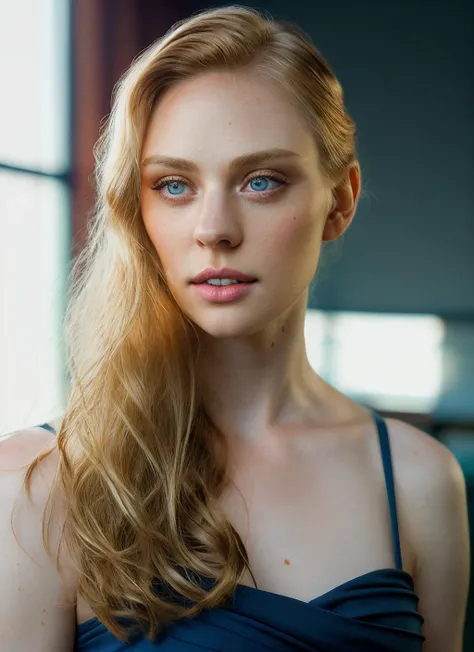 portrait of skswoman, :| , wearing haute couture , with dark blonde Beachy waves , background classroom epic (photo, studio lighting, hard light, sony a7, 50 mm, matte skin, pores, colors, hyperdetailed, hyperrealistic), <lyco:Deborah Ann WollV2:1.1>