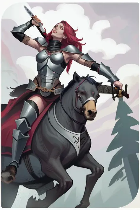 woman, lips, burnt, cloudy sky, forest, horseback riding, looking up, axe, holding long sword, full armor, from below, dark-skinned female, poison spider, bear, red temple archer, masterpiece, best quality, absurdres <lyco:dragonAgeTarot-000020:0.85>