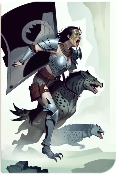 woman, lips, bird, holding shield, shoulder armor, boots, wolf, hyena, monster, belt, fog, no eyes, open mouth, polearm, wrinkled skin, butterfly, masterpiece, best quality, absurdres <lyco:dragonAgeTarot-000020:1.1>