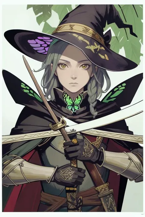 man, butterfly, holding sword, witch hat, holding bow, gloves, white border, armor, cape, leaf, upper body, black headwear, looking at viewer, hunter, masterpiece, best quality, absurdres <lyco:dragonAgeTarot-000020:0.65>