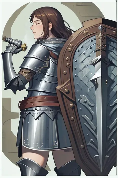 sword, shoulder armor, woman, flowing brown hair, shield, gauntlets, chainmail, sheathed sword, from behind, profile, closed eyes, standing, closed mouth, hood, pauldrons, templar, cowboy shot, masterpiece, best quality, absurdres <lyco:dragonAgeTarot-000020:0.75>