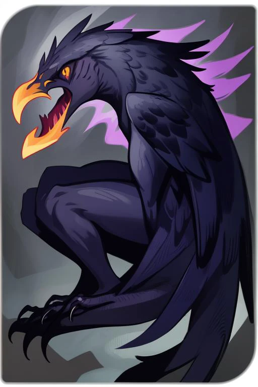 no humans, white border, full body, animal focus, from side, yellow eyes, glowing, closed mouth, phoenix, masterpiece, best quality, absurdres <lyco:dragonAgeTarot-000020:0.7>