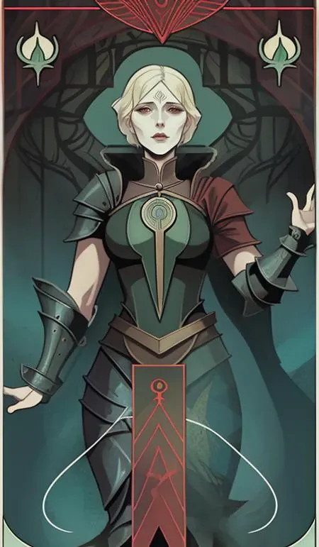 the epitome of mommy issues, dragon age tarot card, art deco, esoteric symbolism, alchemist, glowing, fancy, long armored dress <lyco:dragonAgeTarot-000020:1.0>