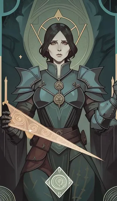 the epitome of mommy issues, rule of thirds, dragon age tarot card, art deco, esoteric symbolism, alchemist, glowing, fancy, long armored dress <lyco:dragonAgeTarot-000020:0.85>