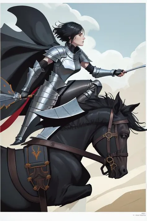 holding helmet, armor, black hair, woman, horse, from side, profile, flowing cape, very short hair, riding, knight, cassandra, cowboy shot, masterpiece, best quality, absurdres <lyco:dragonAgeTarot-000020:0.65>