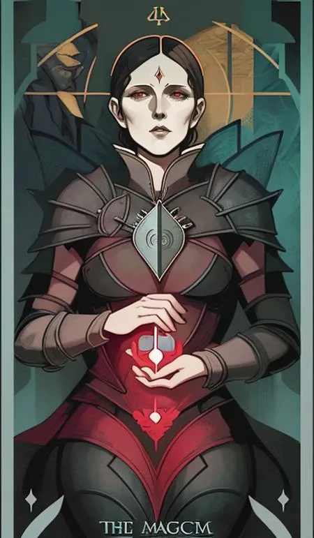 the epitome of mommy issues, dragon age tarot card, art deco, esoteric symbolism, alchemist, glowing <lyco:dragonAgeTarot-000020:1.0>