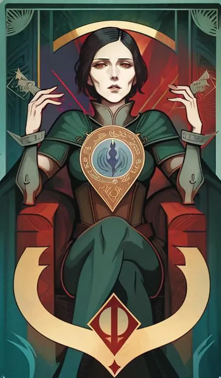 the epitome of mommy issues, dragon age tarot card, art deco, esoteric symbolism <lyco:dragonAgeTarot-000020:1.0>