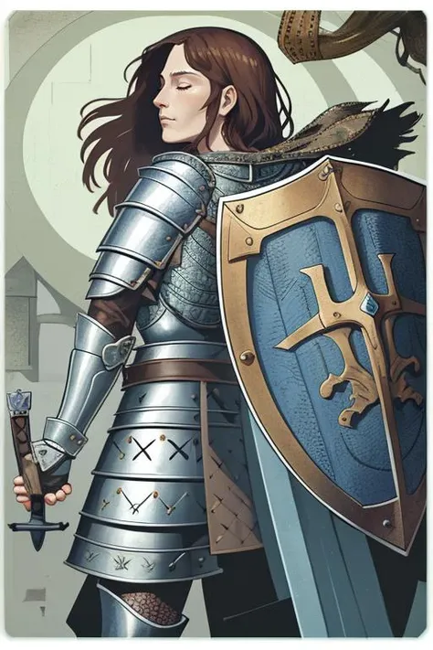 sword, shoulder armor, woman, flowing brown hair, shield, gauntlets, chainmail, sheathed sword, from behind, profile, closed eyes, standing, closed mouth, hood, pauldrons, templar, cowboy shot, masterpiece, best quality, absurdres <lyco:dragonAgeTarot-000020:1>