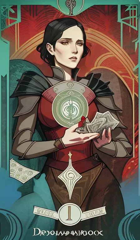 art deco, esoteric symbolism, the epitome of mommy issues, dragon age tarot card <lyco:dragonAgeTarot-000020:1.0>