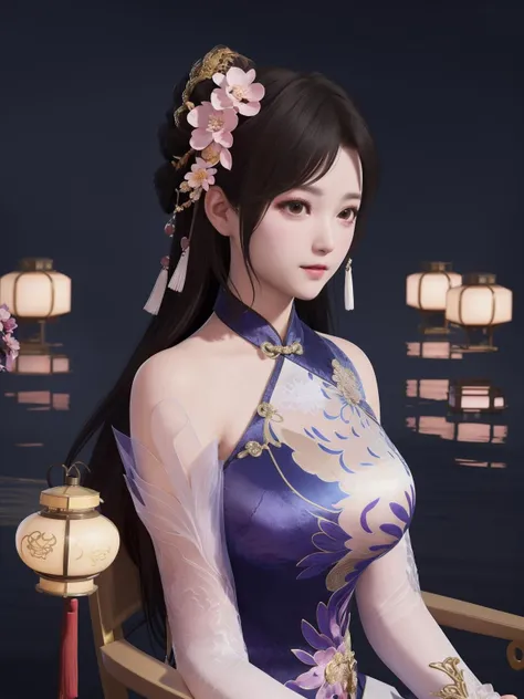 1girl,cityscape,night,dress,china dress,chinese clothes,hair ornament,hair flower,detached sleeves,(looking at viewer:1.1),mature female,half updo,short dress,sitting,chair,<lora:YjwjYz_20230718163555-000005:0.75>,upper body,close-up,table,lantern,blush,blurry background,