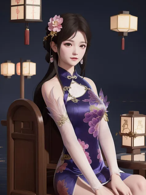 1girl,cityscape,night,dress,china dress,chinese clothes,hair ornament,hair flower,detached sleeves,(looking at viewer:1.1),mature female,half updo,short dress,sitting,chair,<lora:YjwjYz_20230718163555-000005:0.75>,upper body,close-up,table,lantern,blush,