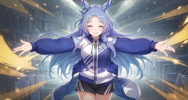 masterpiece, (best quality:1.4), photorealistic, best illustration, best shadow, (beautiful detailed:1.4), finely detailed, (dramatic light:0.6), HDR, ray-tracing, intricate details, 1girl, solo, radiant blue background,  umamusume, GodolphinArabian, long hair, blue hair, closed eyes, horse ears, horse girl, hair ornament, gigantic breasts, breasts, ear covers, hair bead, black shorts, track jacket, smile, (outstretched arms:1.1),  open hands, skindentation