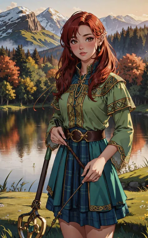 (Layered Depth:1.3), outdoor Scottish highlands, vivid sunset hues, fantasy setting. A striking redhead woman, (distinctly Scottish), wearing an elaborate elven inspired gown is a fusion of deep emerald green and earthy browns, with intricate Celtic knotwork embroidery in gold thread, Flowing sleeves, a fitted bodice+, short skirt , fiery red hair is styled in a cascade of loose curls, green eye, stands atop a grassy knoll, overlooking a misty loch. In her hands, she holds an ancient, rune carved staff, emanating a soft, other worldly glow.,