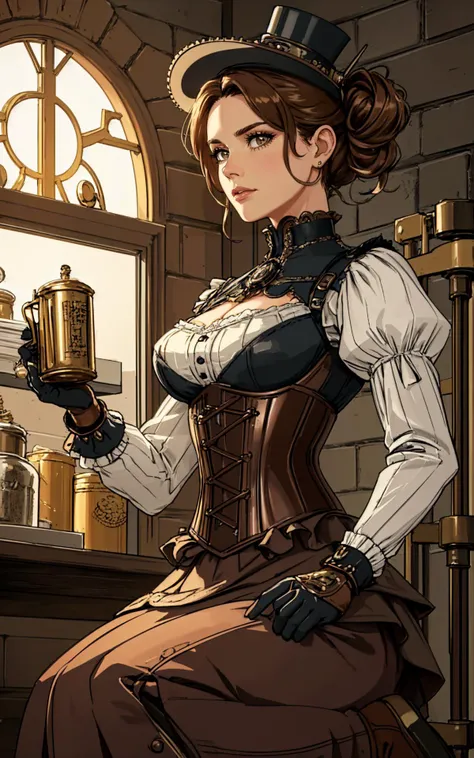 (Layered Depth:1.3),  [Victorian:steampunk:0.6] setting, woman embodying a steampunk aesthetic with a Victorian twist, ((intricate corset design)), holding greasy spout oil can, steel boned corset with brass cogs and gear accents, layered bustle skirt in rich brocade, detailed with copper threading, high-collar ruffled blouse with puffed sleeves, leather gloves reaching just below the elbow, adorned with delicate clockwork pieces, striking leather boots with metal heel detailing, a combination of elegance and industrial flair, hair styled in a sophisticated updo, adorned with miniature steampunk-inspired hat, subtle yet striking makeup highlighting her sharp features, standing confidently in a vintage workshop setting, surrounded by brass and copper machinery, soft glow of ambient gaslights, casting dramatic shadows, the air filled with a sense of adventure and mechanical wonder, her presence a perfect blend of Victorian grace and steampunk boldness, captivating the viewer with a look that's both nostalgic and forward-thinking.