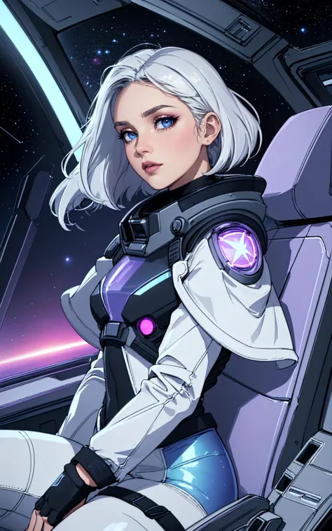 (Layered Depth:1.3), (beautiful busty skinny british woman sitting in spaceship cockpit looking over shoulder at viewer:1.2), (cute face, over the shoulder:1.1), (movie still:1.1), side view, (spaceship cockpit:1.1), glowing holographic instruments, (beautiful face:1.11), from behind, smart fabric flightsuit:1.1, lightweight structured jacket with sharp geometric lines, utility belt, kneehigh boots, fingerless gloves, (large spaceship cockpit with highly polished flooring and stellar view), backlit hair, perfect face, feminine physique, (pale freckles:0.6), (black and silver accents), perfect eyes, low key, joystick++, thin pouting lips, (white++ bob hair, ombre tips:1.2), wide set soft+ turquoise++ eyes, skin pores, (small retrousse nose:1.2), (pale skin), supernova, dramatic angle, eyelid shimmer makeup, silver eyeshadow, iridescent cheekbones, muted rose lips, deep space blue, (available light:0.7), BREAK, starlight silver, nebula pink, black hole black, planetary rings, asteroid clusters, geometric shapes, angular contours, Holographic control panels, chiaroscuro effects, reflective surfaces, starfilled skies, distant galaxies, shimmering surfaces, iridescent scifi materials, clean lines, modernistic details