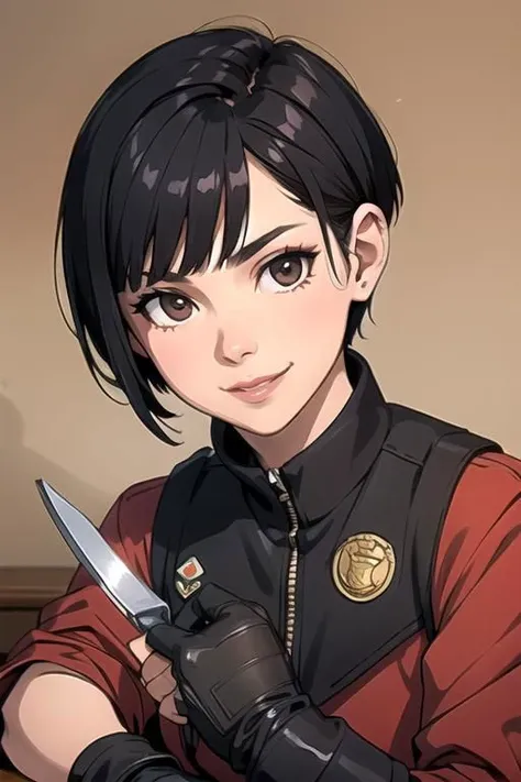 spiky bald hairstyle, short hair, mexican skin, gloves, uniform military, 1girl ,dark black hair, ((hair cut super short,)), soft Brown eyes, smile lips,