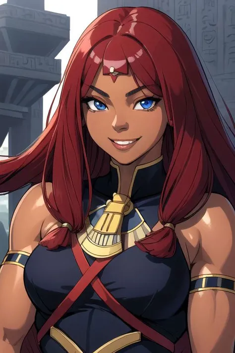 best quality, exceptional quality face, 1girl, dark skin and very muscular Egyptian-Japanese with blue eyes and absurdly long ruby red hair, smile