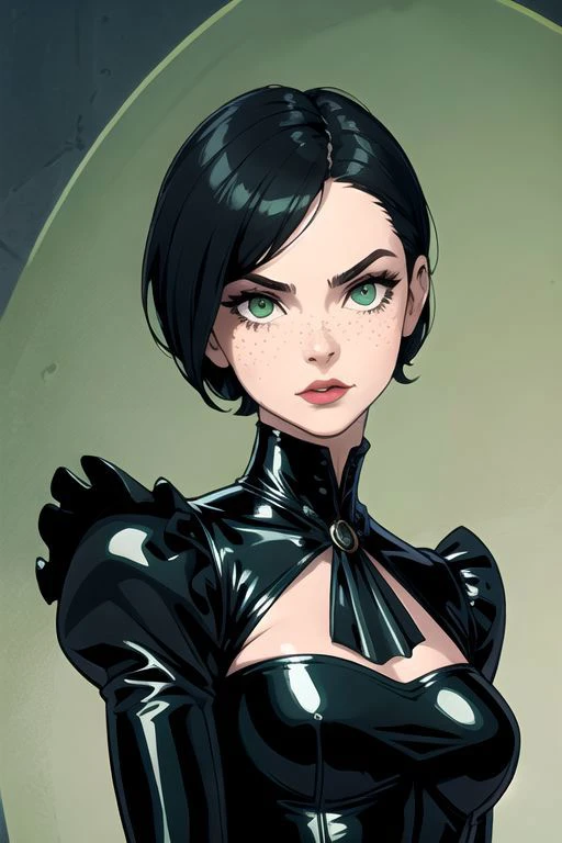 (masterpiece, best quality),1gir, vampire, dynamic pose, black short hair, green eyes, a few small freckles, toned body, black latex, victorian dress, sensual expression, sniper rifle,