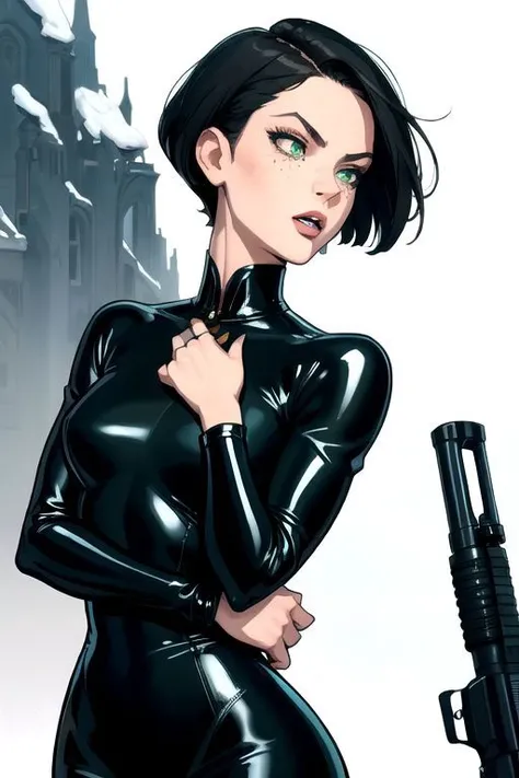 (masterpiece, best quality),1gir, vampire, dynamic composition, dynamic pose, black short hair, green eyes, a few small freckles, toned body, black latex, victorian dress, sensual expression, holding a sniper rifle,