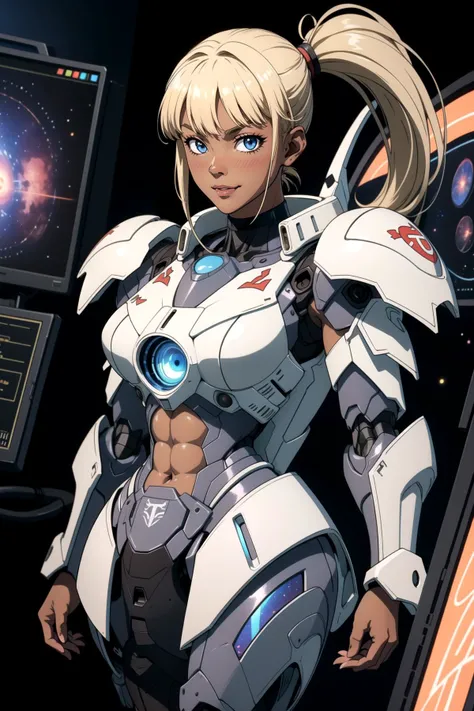 (masterpiece), (best quality), 1lady, solo, mature, female, plump, mecha body parts, mecha musume, muscled arms, chiseled abs, chiseled body, strong, tomboy, tan, (dark skin:1.3), blonde hair, (ponytail with straight bangs), sky blue eyes, parted lip, large breasts, black choker, neck choker, heavy armor suit, shy, light smile, blush, standing, dignified, majestic, supreme commander, looking at viewer, close-up, orbital station, space, hi-tech, holograms, monitor screens, 机甲少女,<lora:a-mecham-mus:1>