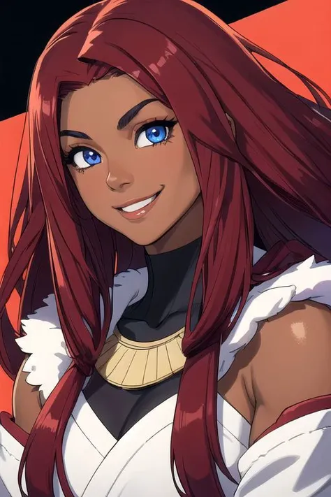 best quality, exceptional quality face, 1girl, dark skin and very muscular Egyptian-Japanese with blue eyes and absurdly long ruby red hair, smile