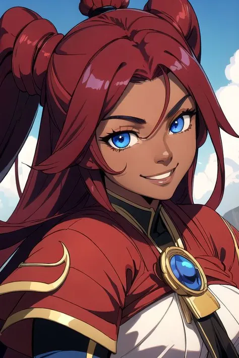 best quality, exceptional quality face, 1girl, dark skin and very muscular Egyptian-Japanese with blue eyes and absurdly long ruby red hair, smile