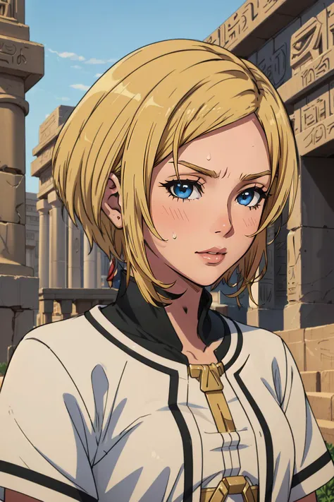 (masterpiece, best quality), intricate details,
1girl, <lora:mushokutenseisara-lora-nochekaiser:0.8> mushoku tensei sara, short hair, blue eyes, blonde hair,
<lora:AncientEgyptianClothes:0.8> ancient egyptian clothes, Egyptian temple, statues, sweating, sand,