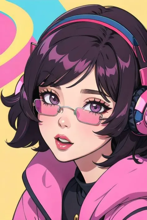 1girl, short messy hair, close up face, colored sunglasses, wearing big chunky headphones