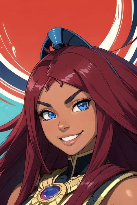 best quality, exceptional quality face, 1girl, dark skin and very muscular Egyptian-Japanese with blue eyes and absurdly long ruby red hair, smile