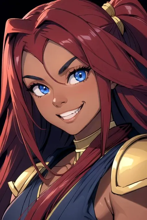 best quality, exceptional quality face, 1girl, dark skin and very muscular Egyptian-Japanese with blue eyes and absurdly long ruby red hair, smile